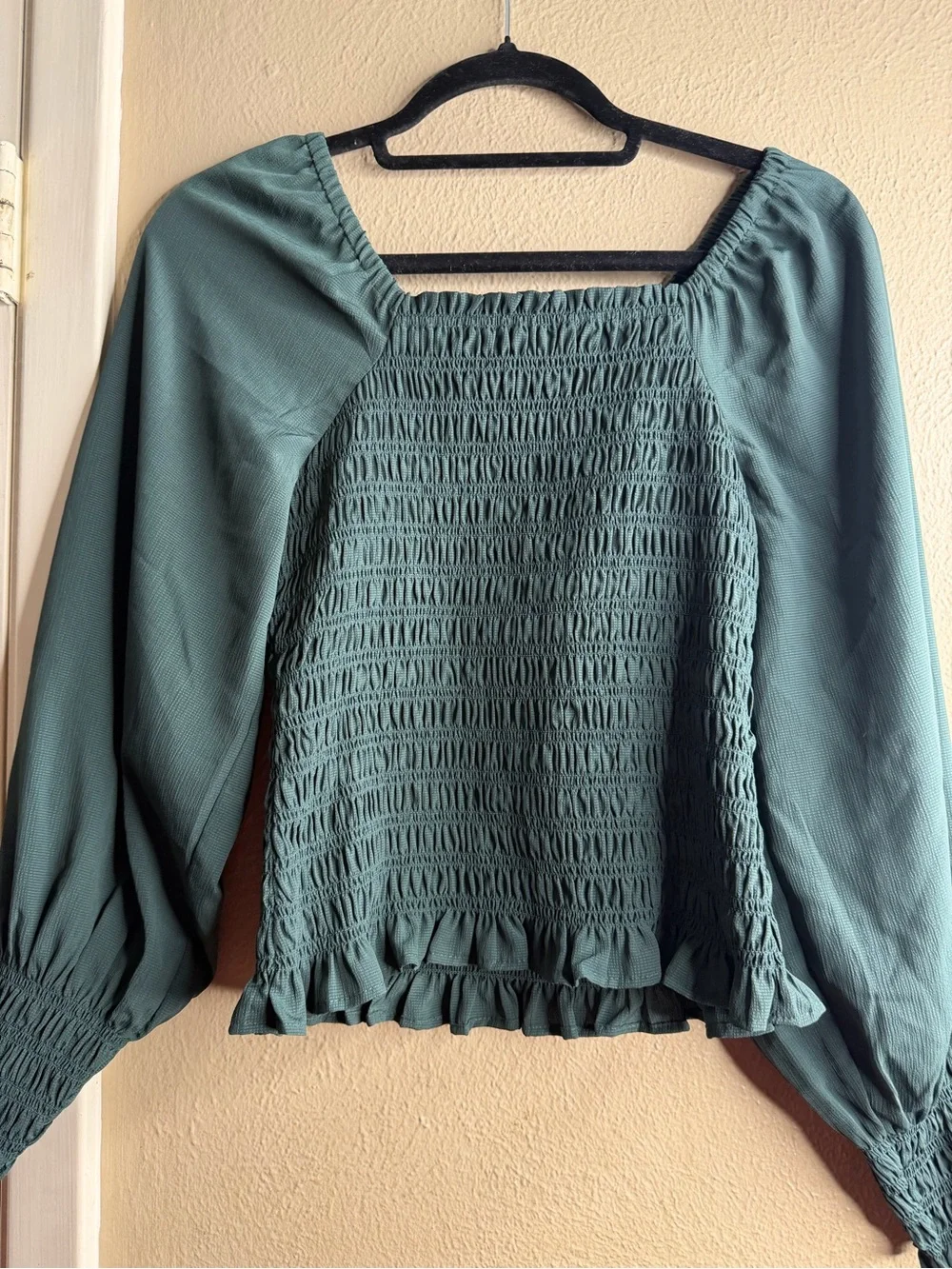 Madewell  Smocked Square-Neck Long Sleeve Top -‎ Teal Green